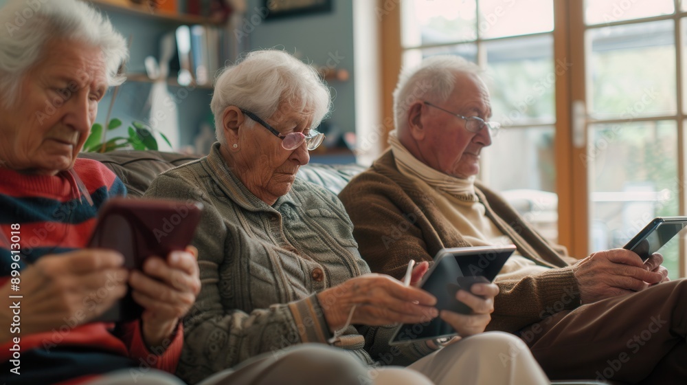 Poster seniors quietly enjoy their digital devices while seated together in a warm, inviting living room se