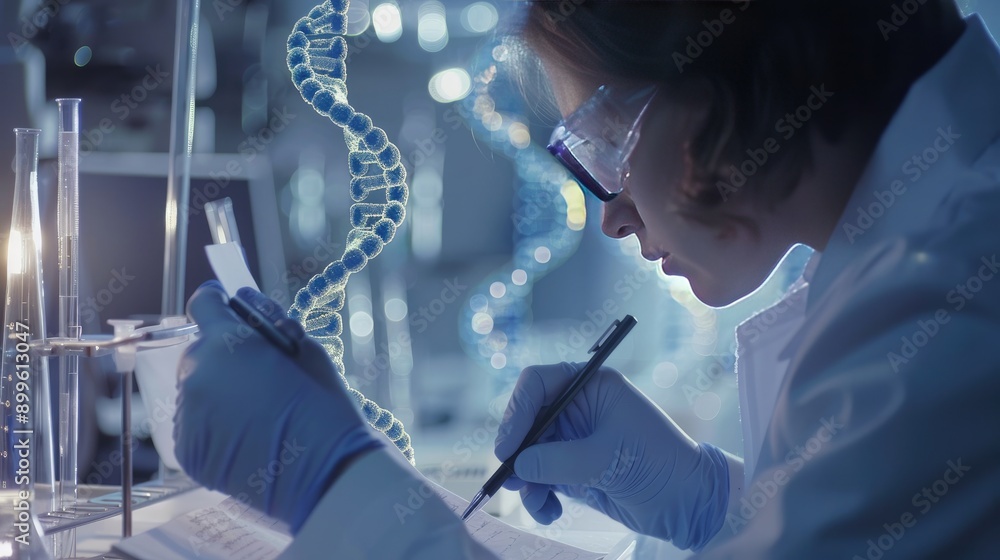 Poster microscope view of a dna helix with a scientist taking notes