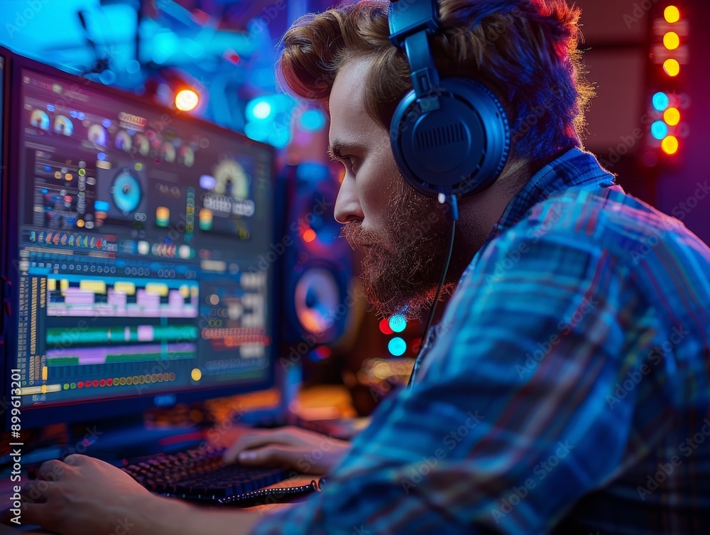 Poster modern sound engineer editing digital audio on high-resolution screen