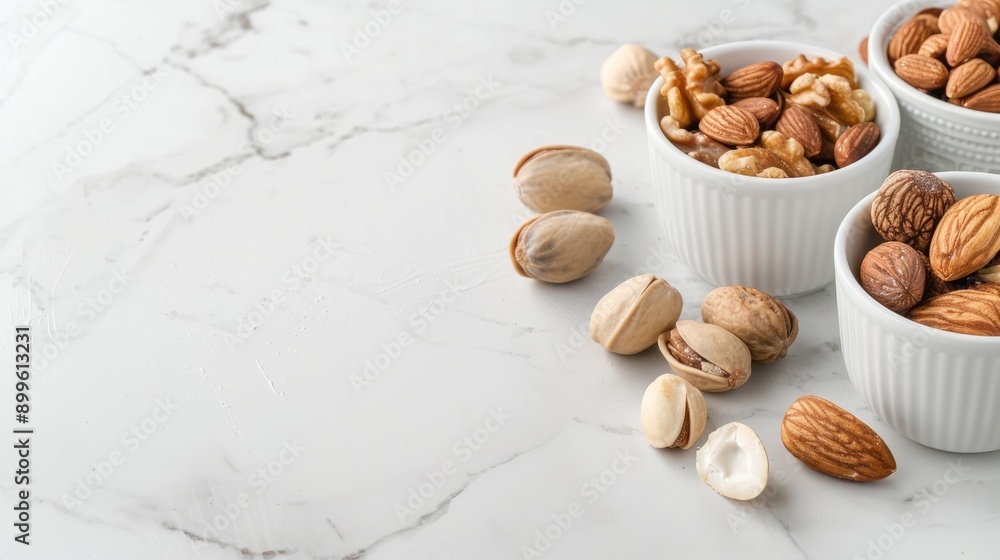 Poster nuts in white cups on marble table with space for text