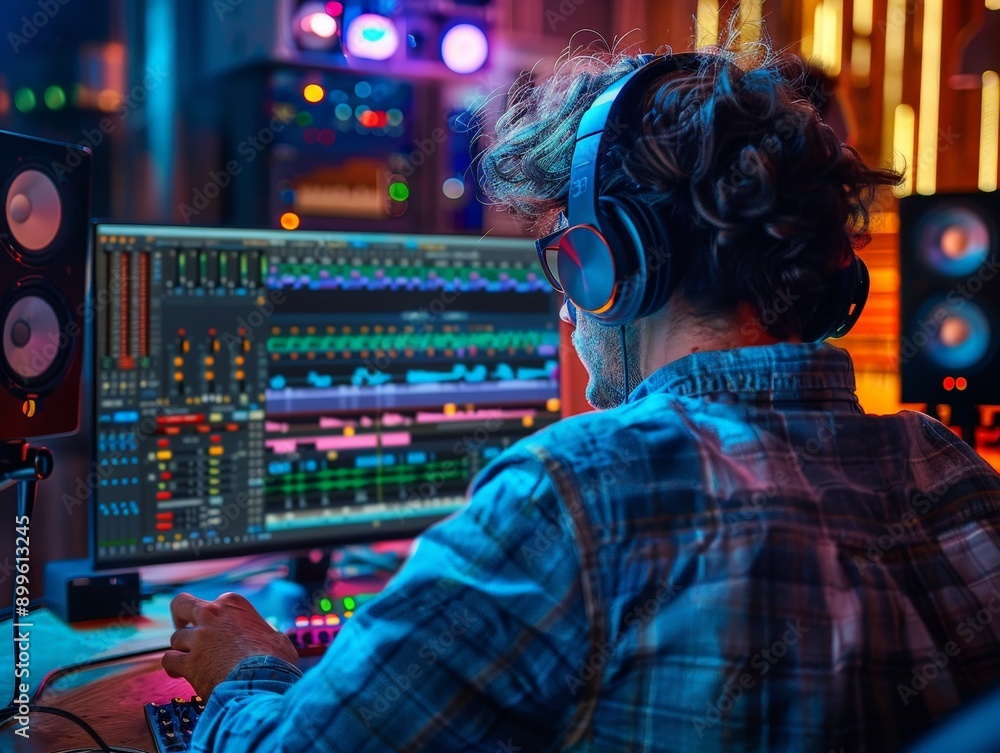 Poster mixing sound waves: sound engineer editing digital audio on high-resolution screen