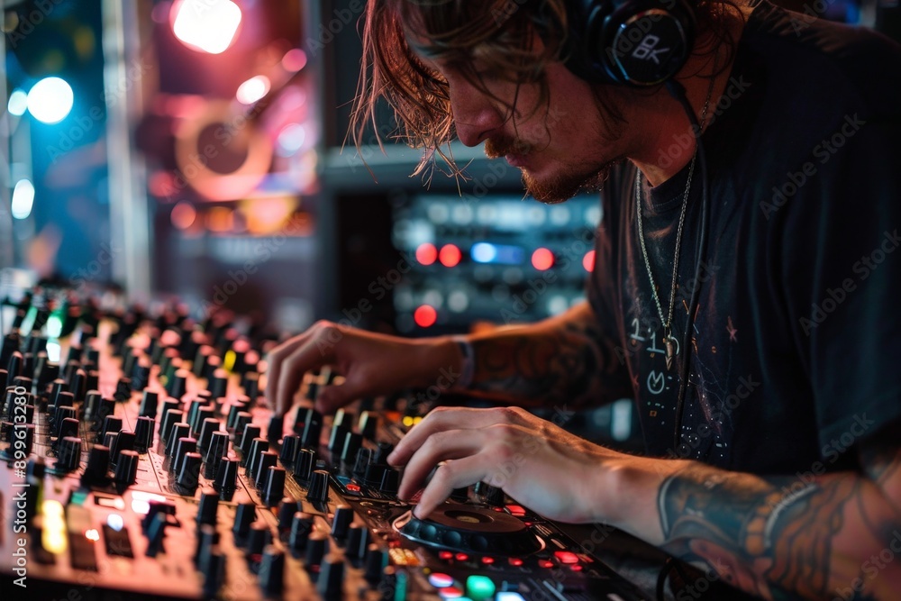 Poster in the mix: skilled dj fine-tuning controls on mixer for live recording session