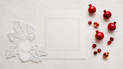White paper texture with an embossed white contour line illustration of pomegranates, scattered below and on the right side with a large blank space