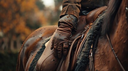 Closeup of a horseback rider's hands holding the reins with focus on the leather and gloves