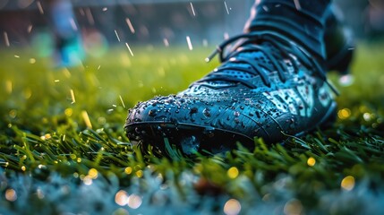 Closeup of a rugby player's cleats on the grass with sharp focus on the cleats and grass
