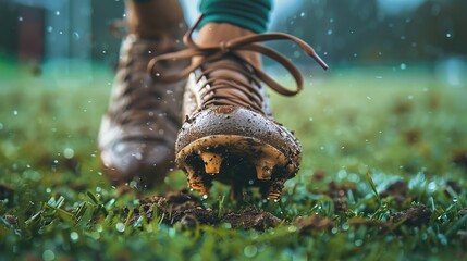 Closeup of a rugby player's cleats on the grass with sharp focus on the cleats and grass