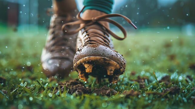 Closeup of a rugby player's cleats on the grass with sharp focus on the cleats and grass