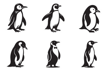 Obraz premium penguin set black silhouette art illustration white background - Generative AI