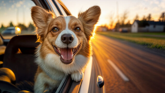 Welsh Corgi on tour. Dog enjoys the wind and the journey. Pet travel concept