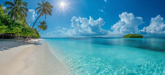 Fototapeta premium Tropical Beach with palm trees and blue sky