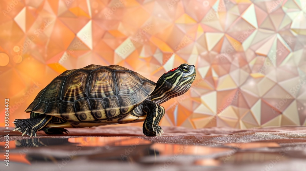 Poster a detailed image of a turtle against a geometric, polygonal background in shades of orange. the intr