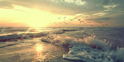 A serene beach, waves gently lapping at the shore, seagulls soaring overhead, the sun setting in the distance