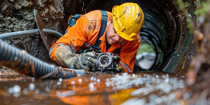 A sewage service inspects a clogged pipe using a scope before clearing it.