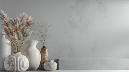 3D rendering, Home decor ceramics vases and pot in grey background with copy space
