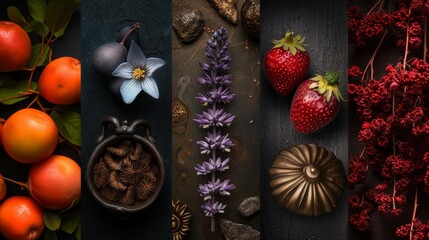 Fototapeta premium A richly colored still life featuring an array of fruits and floral elements against a dark backdrop. The contrast highlights the textures and colors, creating a dramatic and eye-catching composition