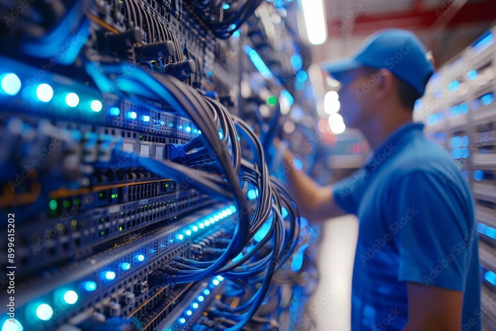 Poster cybersecurity expert setting up secure network in modern office setting