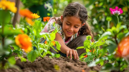 Young girl happily planting colorful flowers in the soil of the school garden, surrounded by vibrant greenery and educational tools about sustainability.