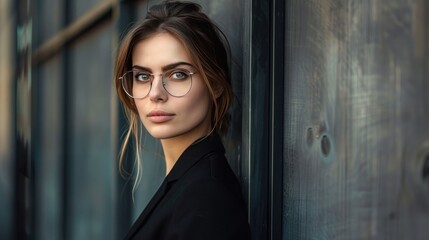 Fototapeta premium A beautiful businesswoman wearing glasses with a fit body and sleek clothes