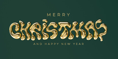 Luxury golden Merry Christmas and Happy New Year greeting card. Gold 3d render letters. Banner with Christmas lettering on green background. Y2K style 3d liquid font. Letters with molten metal effect