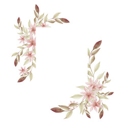 Watercolor boho floral frame. Vintage illustration with delicate flowers, twigs, leaves. Hand painted watercolor illustration of a twig with leaves, flowers . Boho wedding invitation design and other 