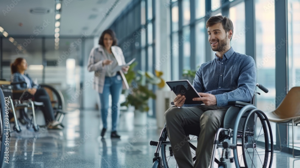 Aufkleber Disabled man in a wheelchair smiling while using a tablet in a bright office corridor. Accessibility and workplace inclusion.