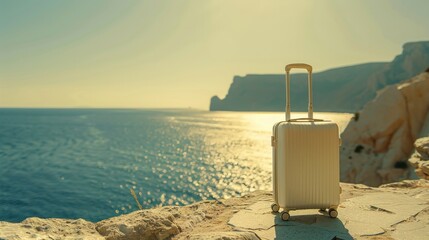 beige colored small cabin sized suitcase with wheels standing in front of a sunny sunlit mediterranean