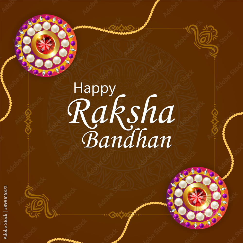 Wall mural Two Rakhis decorated with colorful beads and designs symbolizing the love between siblings the background is brown with a floral pattern and the text Happy Raksha Bandhan is written on the image