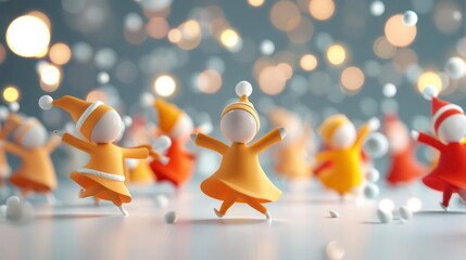 Cute cartoon people in festive attire dancing in a winter wonderland.