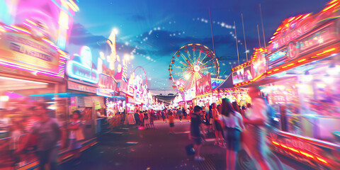 Fototapeta premium A lively carnival, bright lights and music filling the air, children laughing and playing games, the smell of cotton candy and popcorn