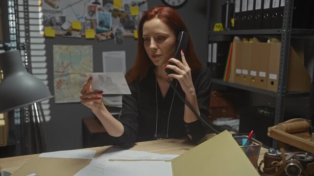 A focused woman detective analyzes documents and talks on the phone in a cluttered office.