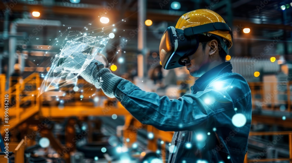 Aufkleber Engineer using VR headset in high-tech industrial environment. Virtual reality and advanced technology integration in modern engineering.