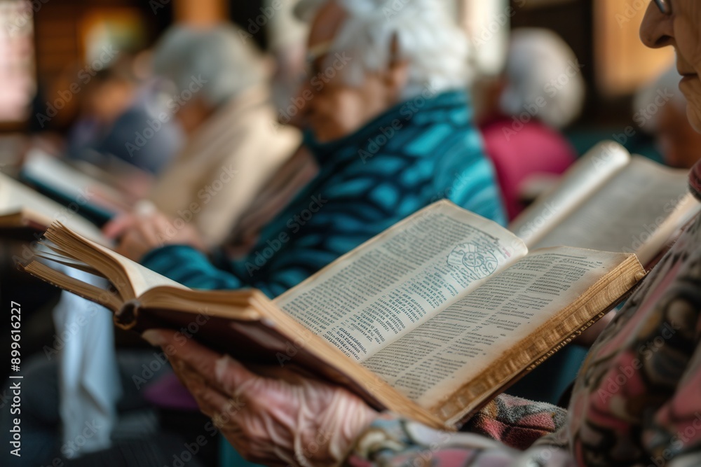 Leinwandbilder Elderly individuals are focused on studying foreign languages using textbooks and dictionaries in a community center, promoting lifelong learning and engagement. Generative AI