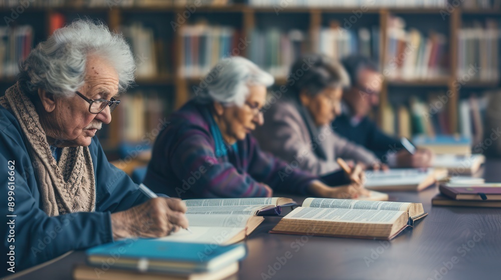 Poster a group of elderly individuals attentively studies foreign languages using textbooks and dictionarie