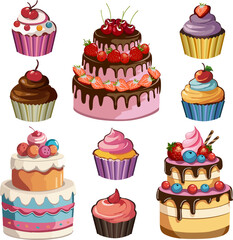 Cakes and pastries in illustration.Vector set of cakes and pastries on a transparent background.