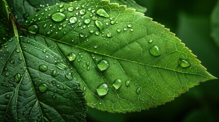 Serene Beauty of a Fresh Green Leaf: Macro Close-up with Water Droplets and Textured Veins