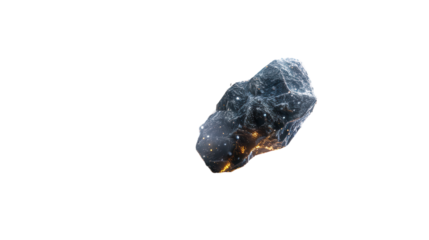 A Unique Black Meteorite Rock Displaying Intricate Patterns and Glowing Specks in a White Background