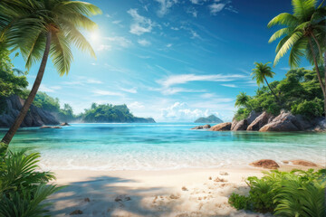 paradise with this stunning panoramic view of a pristine tropical beach. Crystal-clear turquoise waters meet soft white sands under a vibrant blue sky, creating a picture-perfect getawa. generative AI