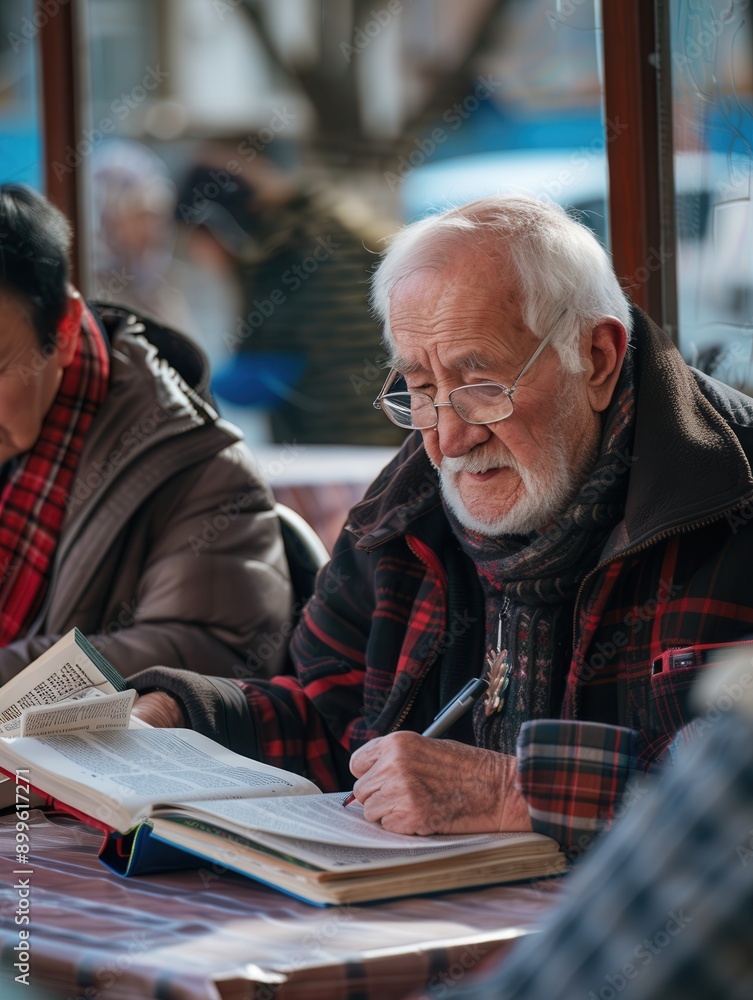 Fototapete elderly individuals focus intently on their language studies, using textbooks and dictionaries in a 