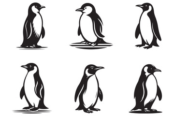 Obraz premium penguin set black silhouette art illustration white background - Generative AI
