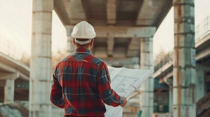 Construction Engineer Inspecting Blueprint