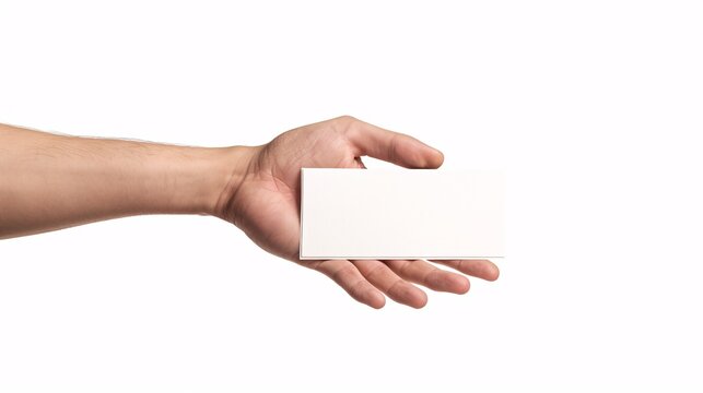 A Caucasian hand displays an intangible rectangular item, ideal for illustrating interactions and communication.