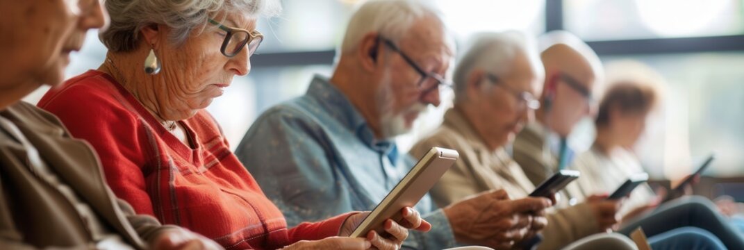 Elderly individuals are focused on their mobile devices while seated in a bright, contemporary waiting area. Generative AI