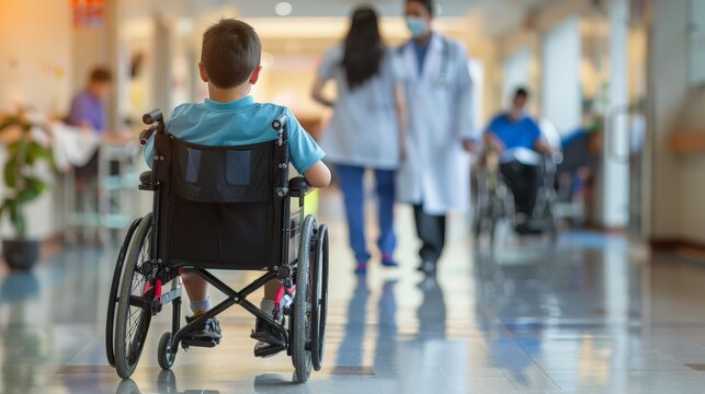 Boy in wheelchair in a hospital hallway with doctors and patients in the background. Healthcare and support for children with disabilities. - Powered by Adobe