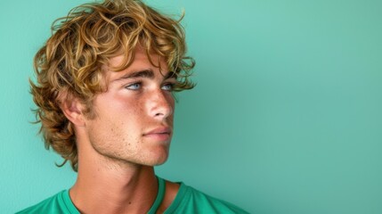 Portrait of a young man with curly blonde hair and a green shirt, looking thoughtful against a teal background.