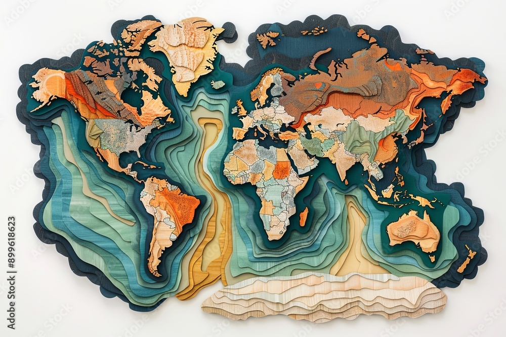 Aufkleber artistic world map crafted from layered paper cutouts showcasing colorful geographical features and 
