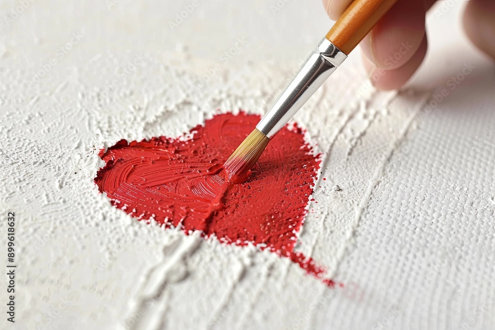 Poster a close-up view of a hand painting a heart on a canvas with red paint. generative ai