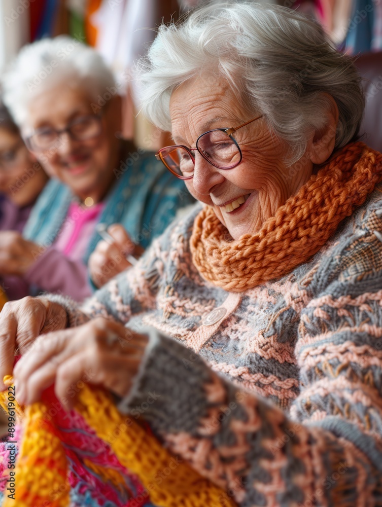 Poster elderly people engage joyfully in knitting and sewing, sharing skills in a warm and supportive learn