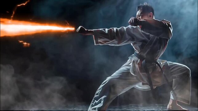 Martial arts fighter with energy power emits from his fists on dark background. Seamless looping time-lapse 4k video animation background