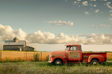 A vintage pickup truck parked in a scenic rural land