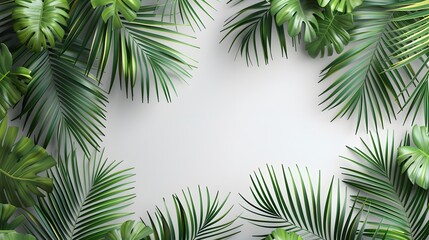 Tropical Paradise. Lush green palm leaves in a realistic 3D arrangement concept